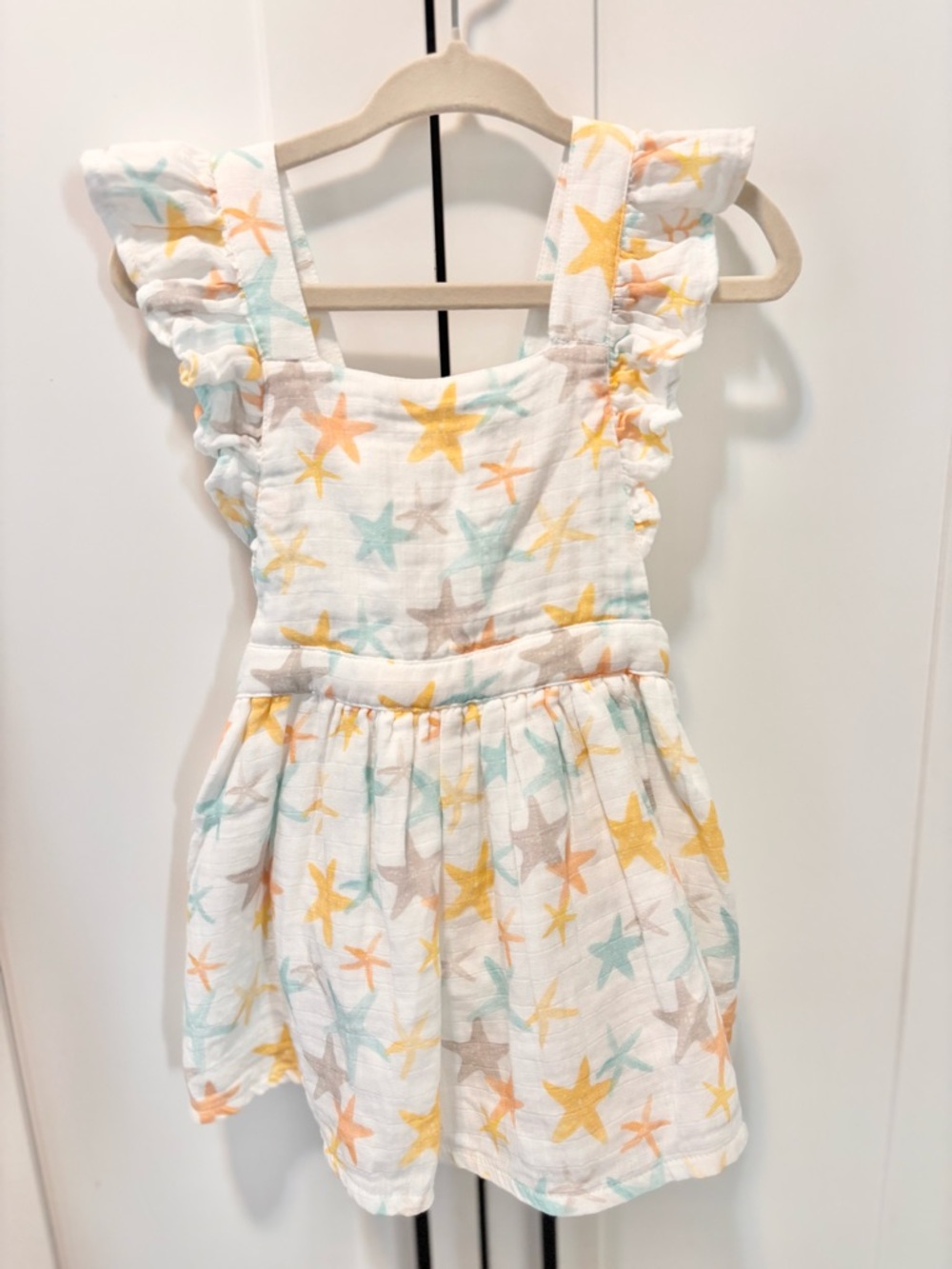 Nola TawkGirls Star Print Sundress - White with Yellow, Teal & Tan Stars